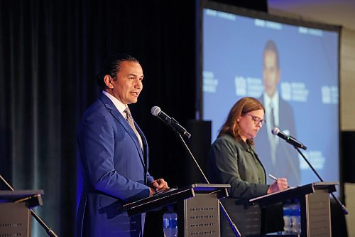 26092023
NDP leader Wab Kinew speaks during the Brandon Chamber of Commerce &#x2013; Provincial Election Debate at the Keystone Centre&#x2019;s UCT Pavilion on Tuesday morning. Kinew, Progressive Conservative leader Heather Stefanson and Manitoba Liberal Party leader Dugald Lamont squared off on a variety of topics at the debate.
(Tim Smith/The Brandon Sun)