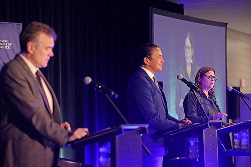 26092023
Manitoba Premier and Progressive Conservative leader Heather Stefanson (R) speaks during the Brandon Chamber of Commerce &#x2013; Provincial Election Debate at the Keystone Centre&#x2019;s UCT Pavilion on Tuesday morning. Stefanson, Manitoba Liberal Party leader Dugald Lamont and NDP leader Wab Kinew squared off on a variety of topics at the debate.
(Tim Smith/The Brandon Sun)