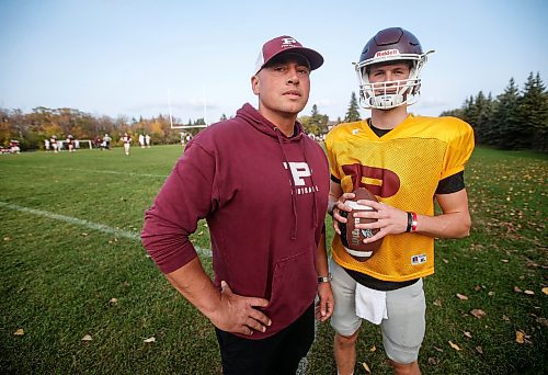 JOHN WOODS / WINNIPEG FREE PRESS
St Paul’s quarterback Cole Anseeuw and quarterback coach Shane Munson are photographed during practice at St Paul’s High School in Winnipeg Tuesday, September 26, 2023.
Reporter: josh