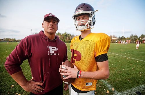 JOHN WOODS / WINNIPEG FREE PRESS
St Paul’s quarterback Cole Anseeuw and quarterback coach Shane Munson are photographed during practice at St Paul’s High School in Winnipeg Tuesday, September 26, 2023. 

Reporter: josh