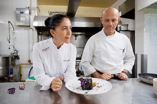 MIKE DEAL / WINNIPEG FREE PRESS
In a kitchen at the Fort Garry Hotel Tuesday afternoon while Rosanna Marziale, a Michelin-starred chef from Italy is in town for the soon to open high-end-ish eatery, Vida Cucina Italia. Sous chef, Oleksandr &#x201c;Sasha&#x201d; Bohdan, plates a dish while Rosanna watches.
Quadrotto di Manzo Alla Riduzione Di Vino Rosso
Shoulder of beef, red wine reduction, red cabbage leaves and grilled polenta.
See Ben Sigurdson story
230829 - Tuesday, August 29, 2023.