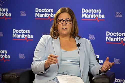 BROOK JONES / WINNIPEG FREE PRESS
PC Party of Manitoba Leader Heather Stefanson answers questions asked by 680 CJOB's Richard Cloutier during a Leaders' Town Hall on Health Care hosted by Doctors Manitoba at the Doctors Mantoba office in Winnipeg, Man., Wednesday, Sept. 27, 2023. Manitobans head to the polls in the Manitoba Provincial Election Tuesday, Oct. 3, 2023. 