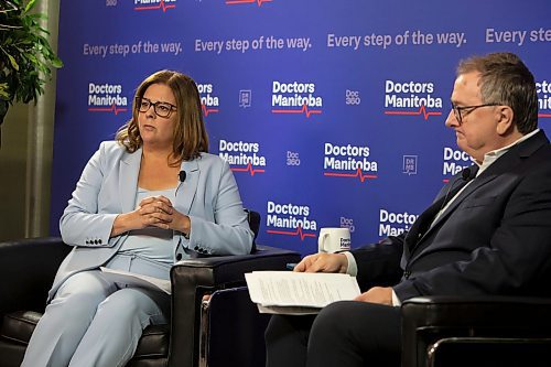 BROOK JONES / WINNIPEG FREE PRESS
PC Party of Manitoba Leader Heather Stefanson (left) answers questions asked by 680 CJOB's Richard Cloutier during a Leaders' Town Hall on Health Care hosted by Doctors Manitoba at the Doctors Mantoba office in Winnipeg, Man., Wednesday, Sept. 27, 2023. Manitobans head to the polls in the Manitoba Provincial Election Tuesday, Oct. 3, 2023. 
