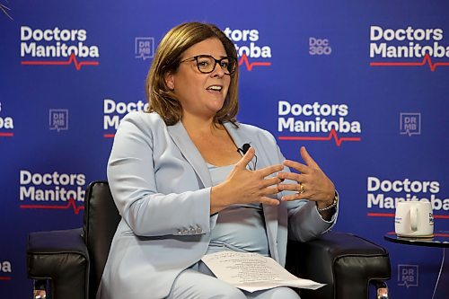 BROOK JONES / WINNIPEG FREE PRESS
PC Party of Manitoba Leader Heather Stefanson answers questions asked by 680 CJOB's Richard Cloutier during a Leaders' Town Hall on Health Care hosted by Doctors Manitoba at the Doctors Mantoba office in Winnipeg, Man., Wednesday, Sept. 27, 2023. Manitobans head to the polls in the Manitoba Provincial Election Tuesday, Oct. 3, 2023. 