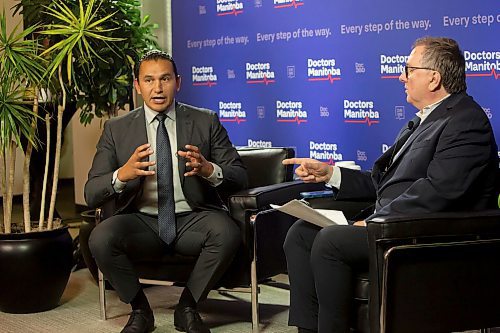 BROOK JONES / WINNIPEG FREE PRESS
Manitoba NDP Party Leader Wab Kinew (left) answers questions asked by 680 CJOB's Richard Cloutier during a Leaders' Town Hall on Health Care hosted by Doctors Manitoba at the Doctors Mantoba office in Winnipeg, Man., Wednesday, Sept. 27, 2023. Manitobans head to the polls in the Manitoba Provincial Election Tuesday, Oct. 3, 2023.