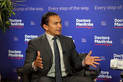BROOK JONES / WINNIPEG FREE PRESS
Manitoba NDP Party Leader Wab Kinew answers questions asked by 680 CJOB's Richard Cloutier during a Leaders' Town Hall on Health Care hosted by Doctors Manitoba at the Doctors Mantoba office in Winnipeg, Man., Wednesday, Sept. 27, 2023. Manitobans head to the polls in the Manitoba Provincial Election Tuesday, Oct. 3, 2023.