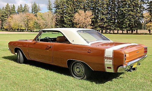 The rear of Lynn Flewitt's 1969 Dodge Dart Swinger two-door hard-top showing the bumble bee tail stripes with Swinger emblazoned on it at a park west of Brandon on Thursday. (Michele McDougall/The Brandon Sun)
