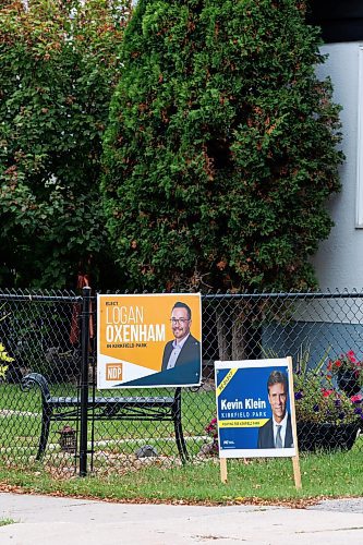 MIKE DEAL / WINNIPEG FREE PRESS
Election signs for PC&#x2019;s Kevin Klein and NDP&#x2019;s Logan Oxenham in the Kirkfield riding.
See Maggie Macintosh story 
230928 - Thursday, September 28, 2023.