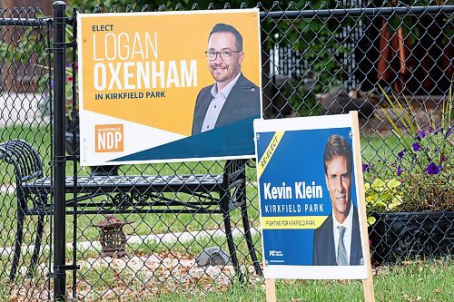 MIKE DEAL / WINNIPEG FREE PRESS
Election signs for PC&#x2019;s Kevin Klein and NDP&#x2019;s Logan Oxenham in the Kirkfield riding.
See Maggie Macintosh story 
230928 - Thursday, September 28, 2023.