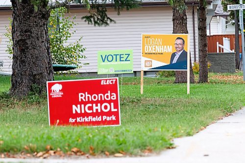 MIKE DEAL / WINNIPEG FREE PRESS
Election signs for Liberal&#x2019;s Rhonda Nichol and NDP&#x2019;s Logan Oxenham in the Kirkfield riding.
See Maggie Macintosh story 
230928 - Thursday, September 28, 2023.