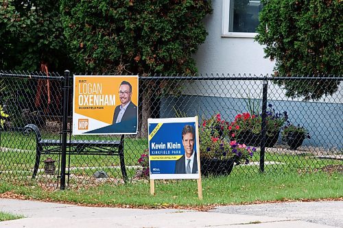 MIKE DEAL / WINNIPEG FREE PRESS
Election signs for PC&#x2019;s Kevin Klein and NDP&#x2019;s Logan Oxenham in the Kirkfield riding.
See Maggie Macintosh story 
230928 - Thursday, September 28, 2023.