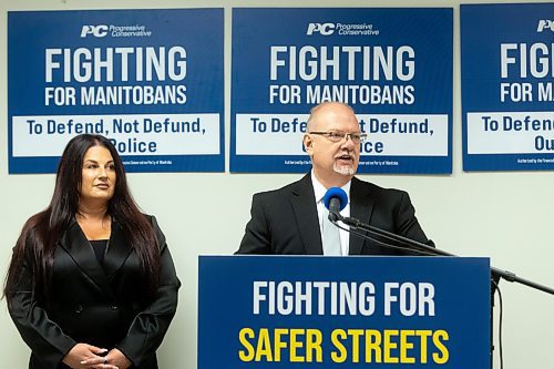 MIKE DEAL / WINNIPEG FREE PRESS
Kelvin Goertzen, PC candidate for Steinbach, and R&#xe9;jeanne Caron, PC candidate for Fort Rouge, for a campaign announcement at the PC Party Headquarters, 23 Kennedy Street, Friday morning.
See Katie May story
230929 - Friday, September 29, 2023.