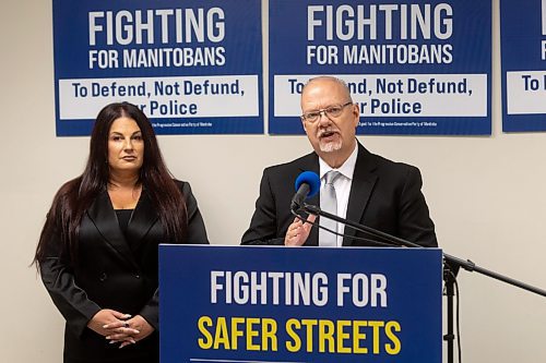 MIKE DEAL / WINNIPEG FREE PRESS
Kelvin Goertzen, PC candidate for Steinbach, and R&#xe9;jeanne Caron, PC candidate for Fort Rouge, for a campaign announcement at the PC Party Headquarters, 23 Kennedy Street, Friday morning.
See Katie May story
230929 - Friday, September 29, 2023.