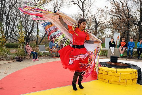 29092022
Alicia Trout of Cross Lake First Nation demonstrates a fancy shawl dance for students during a third day of educational programming for westman students at Truth and Reconciliation Week 2023 at the Riverbank Discovery Centre on Friday. (Tim Smith/The Brandon Sun)