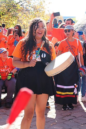 Rayne Ryle-Cote performs with the Binesiikwe Singers during the third-annual National Day for Truth and Reconciliation at The Forks on Sept. 30, 2023. (Tyler Searle / Winnipeg Free Press)