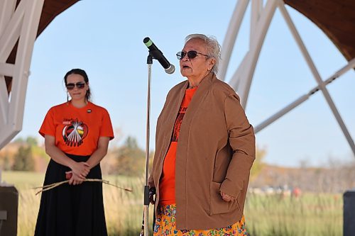 Sioux Valley Dakota Nation elder Eleanor Elk shares her residential school survival story at the Riverbank Discovery Centre grounds at the beginning of Brandon’s Orange Shirt Day festivities. Elk was forced to attend a residential school near Labret, Sask. alongside other members of her family. (Kyle Darbyson/The Brandon Sun)