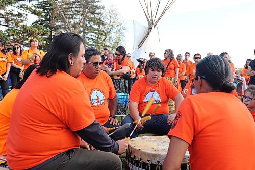 A local Indigenous drum circle provides a prayer song at the Brandon Indian Residential School site during Orange Shirt Day. (Kyle Darbyson/The Brandon Sun)