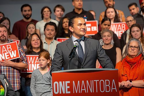 BROOK JONES / WINNIPEG FREE PRESS
Manitoba NDP Party Leader Wab Kinew speaks during A Rally for One Manitoba at Maples Collegiate in Winnipeg, Man., Sunday, Oct. 1, 2023. Hundreds of NDP supporters turned up at the rally. Manitobans head to the polls in the Manitoba Provincial Election Tuesday, Oct. 3, 2023.