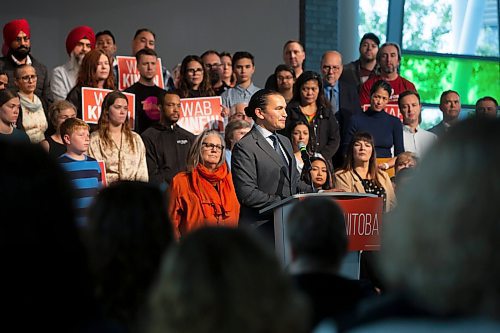 BROOK JONES / WINNIPEG FREE PRESS
Manitoba NDP Party Leader Wab Kinew speaks during A Rally for One Manitoba at Maples Collegiate in Winnipeg, Man., Sunday, Oct. 1, 2023. Hundreds of NDP supporters turned up at the rally. Manitobans head to the polls in the Manitoba Provincial Election Tuesday, Oct. 3, 2023.