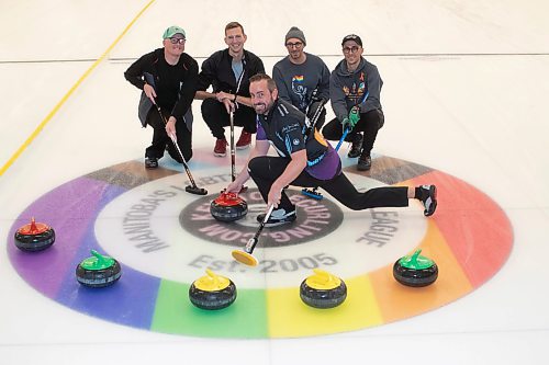 BROOK JONES / WINNIPEG FREE PRESS
Keystone Curling is celebrating 31 teams this season. The league, which is made up of LGBT2SQ+ and gender, sexually and romantically diverse people curl at the Granite Curling Club. The league kicked off its 2023-2023 season Sunday, Oct. 1, 2023. Keystone Rainbow Curling League President Mark Lawson is pictured with curlers Matt Wiebe, Cory Doman, Burgess Mertens and Aaron Hutton.