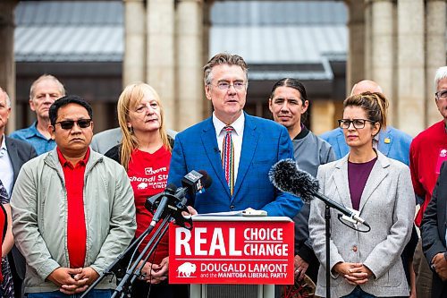 MIKAELA MACKENZIE / WINNIPEG FREE PRESS

Dougald Lamont makes a campaign announcement with other Manitoba Liberal Party candidates at the St. Boniface Cathedral on Monday, Oct. 2, 2023. For Carol story.
Winnipeg Free Press 2023.