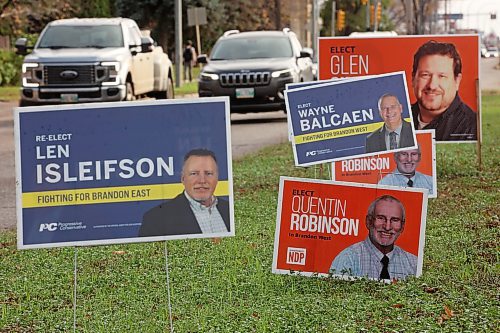 Election signs line the boulevard along 18th Street near Brandon University on Monday. Today is provincial election day in Manitoba, with polls open throughout the city until 8 p.m. (Tim Smith/The Brandon Sun)