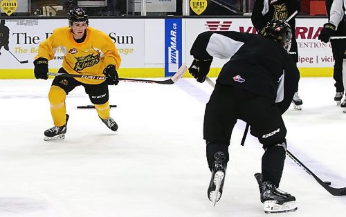 Brandon Wheat Kings rookie forward Easton Odut of Dauphin, in yellow, will see lots of familiar faces across the ice, including a former provincial teammate, when the Swift Current Broncos visit tonight. (Perry Bergson/The Brandon Sun)
Oct. 2, 2023