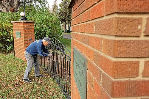 02102023
Bob Patryluk with Royal Canadian Legion Branch 3 works on fixing the Veterans Cemetery gate at the Brandon Cemetery on Monday afternoon. Patryluk and other legion members have been repairing and sprucing up the gate and sign, that were installed in 1962. 
(Tim Smith/The Brandon Sun)