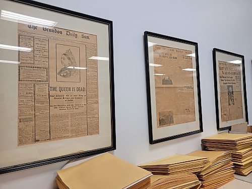 Historic front pages of the Brandon Sun can be seen throughout the Sun's offices, located in the Town Centre in Brandon. (Miranda Leybourne/The Brandon Sun). 