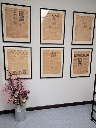 Historic front pages of the Brandon Sun can be seen throughout the Sun's offices, located in the Town Centre in Brandon. (Miranda Leybourne/The Brandon Sun). 