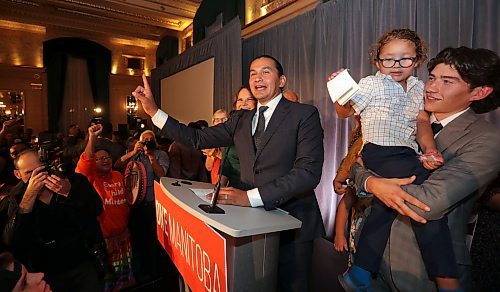 JASON HALSTEAD / WINNIPEG FREE PRESS

NDP leader Wab Kinew celebrates victory on Oct. 3, 2023 at the Fort Garry Hotel.