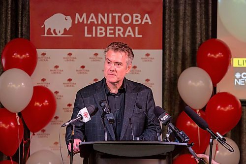BROOK JONES / WINNIPEG FREE PRESS
Manitoba Liberal Party leader and candidate for St. Boniface Dougald Lamont speaks at election night party headquarters at the Norwood Hotel in Winnipeg, Man., Tuesday, Oct. 3, 2023. During his concession speech, Lamont announced he is stepping down as party leader. He also lost (unofficial results) his seat in St. Boniface to NDP candidate Robert Loiselle.