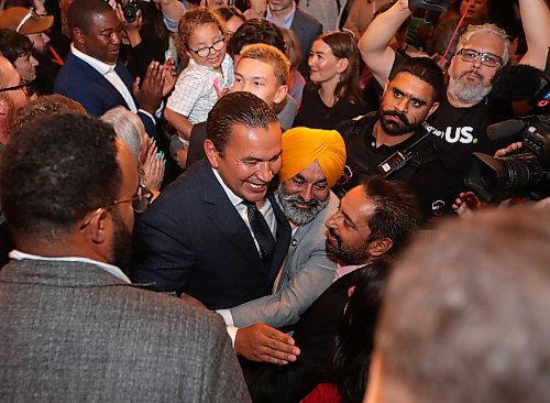 JASON HALSTEAD / WINNIPEG FREE PRESS

NDP leader Wab Kinew celebrates victory on Oct. 3, 2023 at the Fort Garry Hotel.