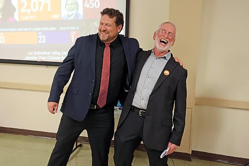 03102023
Brandon East NDP candidate Glen Simard and Brandon West NDP candidate Quentin Robinson share a laugh while giving speeches at the Brandon NDP campaign party at the Royal Canadian Legion Branch 3 on Victoria Avenue East on Tuesday evening. As of 11:00PM Simard won the Brandon East Riding and results were still too close to call in Brandon West. 
(Tim Smith/The Brandon Sun)