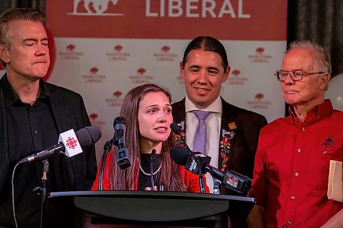 BROOK JONES / WINNIPEG FREE PRESS
Manitoba Liberal Party candidate for Tyndall Park Cindy Lamoureux, who won her seat, speaks at election night party headquarters at the Norwood Hotel in Winnipeg, Man., Tuesday, Oct. 3, 2023. Pictured back row: Manitoba Liberal Party leader and candidates for St. Boniface Dougald Lamont, Southdale Robert-Falcon Ouellette and and River Heights Jon Gerrard.