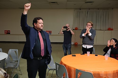 Brandon East NDP candidate Glen Simard cheers with supporters at the Brandon NDP campaign party at the Royal Canadian Legion Branch No. 3 on Victoria Avenue East on Tuesday evening after defeating Progressive Conservative incumbent Len Isleifson. (Tim Smith/The Brandon Sun)