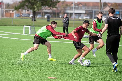 BROOK JONES / WINNIPEG FREE PRESS
Valour FC attacker Matteo de Brienne (right) having fun as he is pictured pulling on the jersey of one of his teammate Juan Pablo Sanchez Zapata, who plays the position of attacker, during the team's practice at Ralph Cantafio Soccer Complex in Winnipeg, Man., Tuesday, Oct. 3, 2023. Valour FC takes on HFX Wanderers FC at IG Field in Winnipeg, Man., Friday, Oct. 6, 2023.