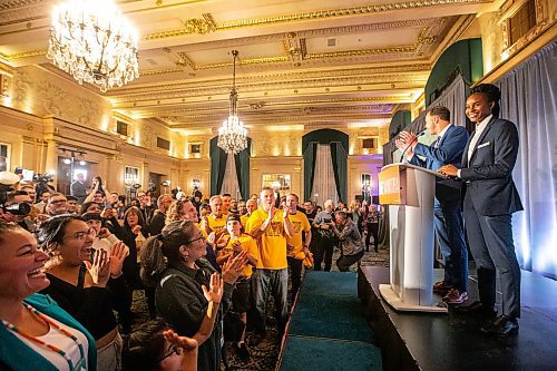 MIKAELA MACKENZIE / WINNIPEG FREE PRESS

Candidates Adrien Sala and Uzoma Asagwara speak to supporters at the NDP party headquarters at the Fort Garry Hotel on Tuesday, Oct. 3, 2023. For election story.
Winnipeg Free Press 2023.