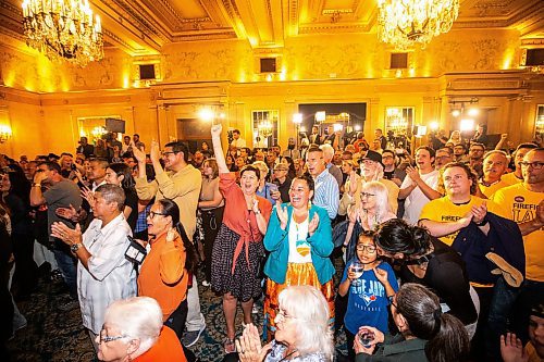 MIKAELA MACKENZIE / WINNIPEG FREE PRESS

Supporters cheer as results come in at the NDP party headquarters at the Fort Garry Hotel on Tuesday, Oct. 3, 2023. For election story.
Winnipeg Free Press 2023.