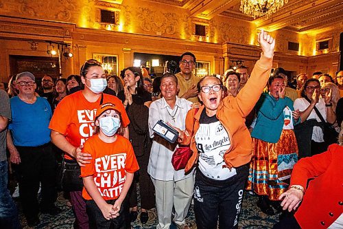 MIKAELA MACKENZIE / WINNIPEG FREE PRESS

Supporters cheer as results come in at the NDP party headquarters at the Fort Garry Hotel on Tuesday, Oct. 3, 2023. For election story.
Winnipeg Free Press 2023.