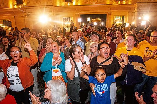 MIKAELA MACKENZIE / WINNIPEG FREE PRESS

Supporters cheer as results come in at the NDP party headquarters at the Fort Garry Hotel on Tuesday, Oct. 3, 2023. For election story.
Winnipeg Free Press 2023.