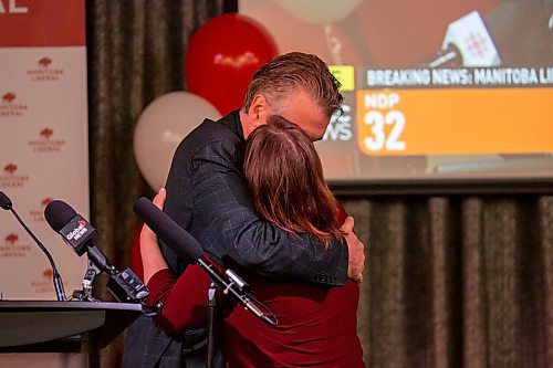 BROOK JONES / WINNIPEG FREE PRESS
Manitoba Liberal Party leader and candidate for St. Boniface Dougald Lamont receives a hug from his wife Cecilia Lamont after he speaks at election night party headquarters at the Norwood Hotel in Winnipeg, Man., Tuesday, Oct. 3, 2023. During his concession speech, Lamont announced he is stepping down as party leader. He also lost (unofficial results) his seat in St. Boniface to NDP candidate Robert Loiselle.