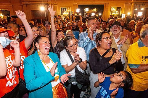 MIKAELA MACKENZIE / WINNIPEG FREE PRESS

Supporters cheer as results come in at the NDP party headquarters at the Fort Garry Hotel on Tuesday, Oct. 3, 2023. For election story.
Winnipeg Free Press 2023.