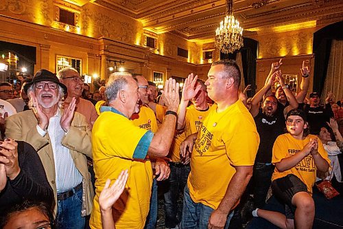 MIKAELA MACKENZIE / WINNIPEG FREE PRESS

Supporters cheer and high five as results come in at the NDP party headquarters at the Fort Garry Hotel on Tuesday, Oct. 3, 2023. For election story.
Winnipeg Free Press 2023.