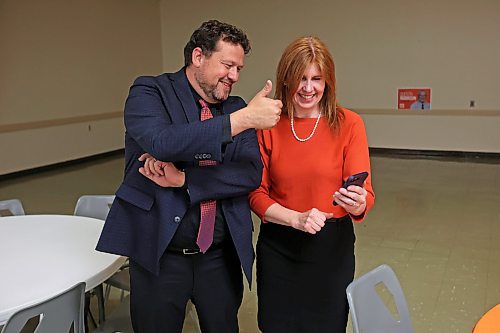 03102023
Brandon East NDP candidate Glen Simard gives a thumbs-up to his son Andrew through a video chat while alongside his wife Lori at the Brandon NDP campaign party at the Royal Canadian Legion Branch 3 on Victoria Avenue East on Tuesday evening after winning his seat in the Manitoba Legislature. 
(Tim Smith/The Brandon Sun)
