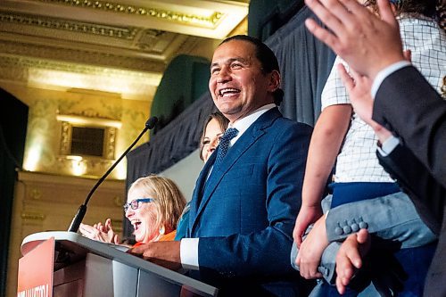 MIKAELA MACKENZIE / WINNIPEG FREE PRESS

NDP leader and new premier Wab Kinew makes his acceptance speech at the NDP party headquarters at the Fort Garry Hotel on Tuesday, Oct. 3, 2023. For election story.
Winnipeg Free Press 2023.