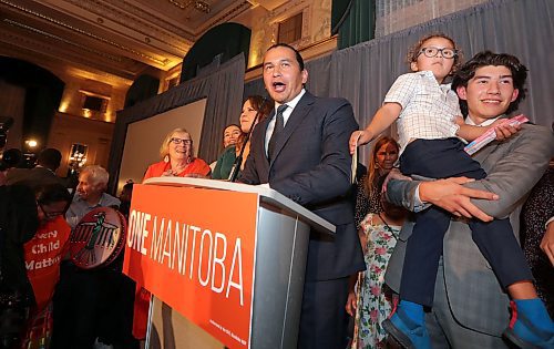 JASON HALSTEAD / WINNIPEG FREE PRESS

NDP leader Wab Kinew celebrates victory on Oct. 3, 2023 at the Fort Garry Hotel.