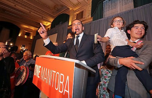 JASON HALSTEAD / WINNIPEG FREE PRESS

NDP leader Wab Kinew celebrates victory on Oct. 3, 2023 at the Fort Garry Hotel.