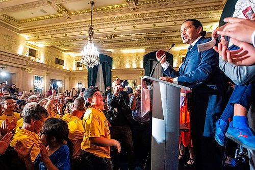 MIKAELA MACKENZIE / WINNIPEG FREE PRESS

NDP leader and new premier Wab Kinew makes his acceptance speech at the NDP party headquarters at the Fort Garry Hotel on Tuesday, Oct. 3, 2023. For election story.
Winnipeg Free Press 2023.