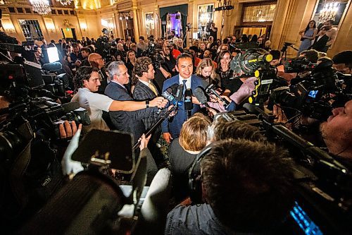 MIKAELA MACKENZIE / WINNIPEG FREE PRESS

New premier Wab Kinew scrums with the media at the NDP party headquarters at the Fort Garry Hotel on Tuesday, Oct. 3, 2023. For election story.
Winnipeg Free Press 2023.